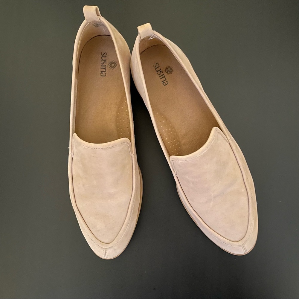 Toasted suede slip on loafers.